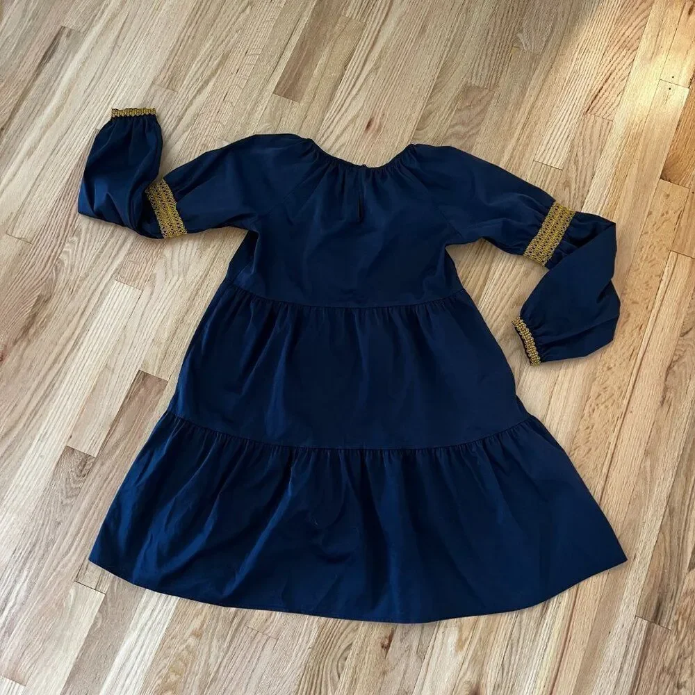 Elizabeth and James A-Line Blue peasant Dress puff sleeve Tiered Boho gold small